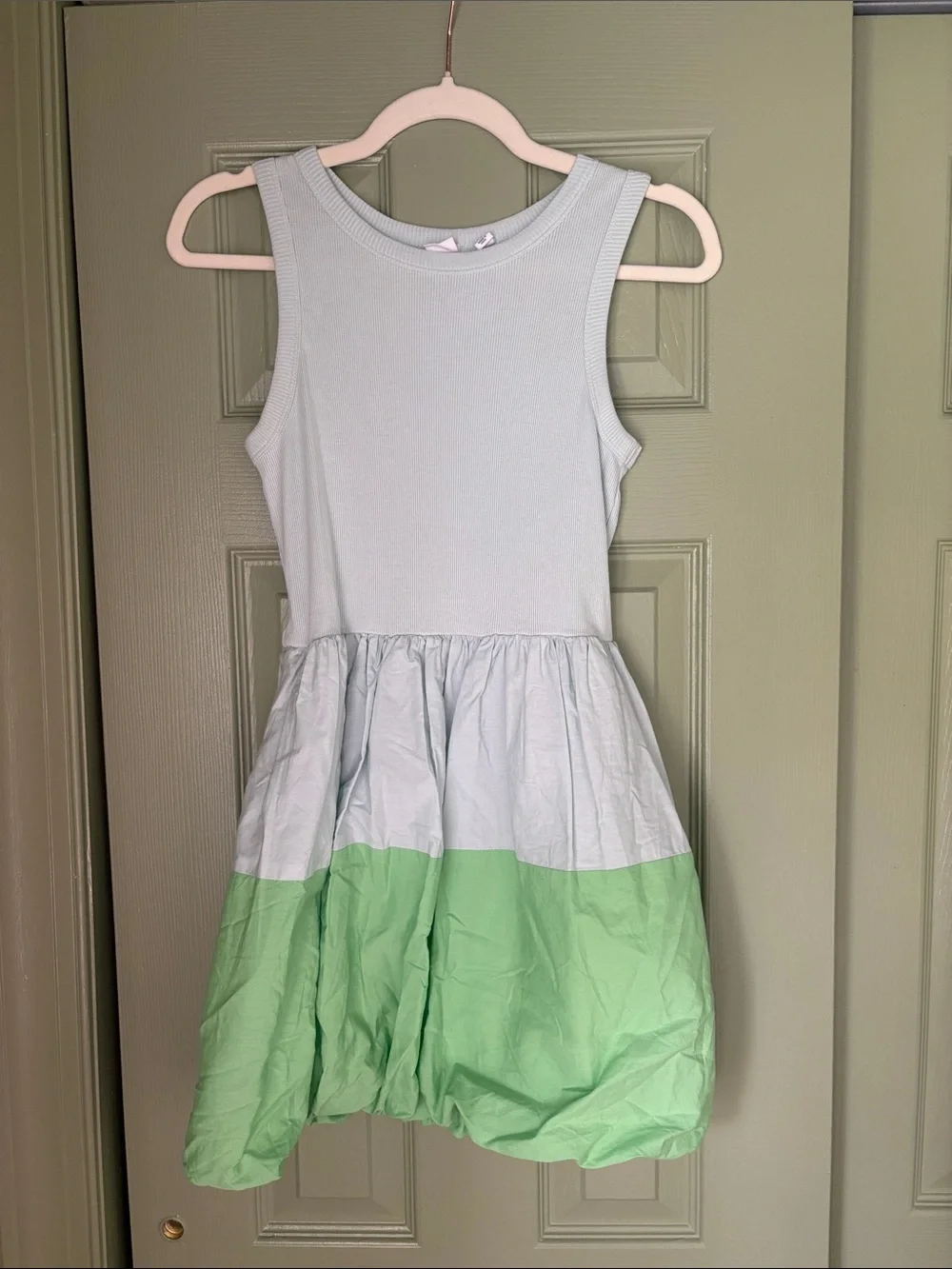GAP Girls Mixed Media Bubble Sleeveless Dress in Light Blue and Mint Green